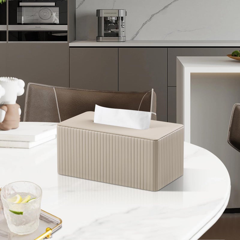 MEIBOOCH PU Leather Tissue Box Cover Rectangle Tissue Box Holder for 120-160 Count Box of Tissues (Beige Stria) - Image 2